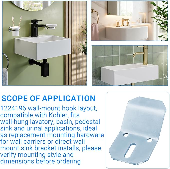 1224196 Wall Mount Sink Hanger Kit,Wall-Mounted Sink Hook Bracket，Compatible with Kohler Wall-Mounted Sinks, Urinals, and Pedestal Sinks Packaging Includes with Six Screws
