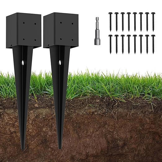 2 Pack 4x4 Fence Post Anchor Ground Spike – Heavy Duty 32" Metal Post Base (Fit 3.6"x3.6") Black Powder-Coated for Mailbox, Deck, Fence, Railing