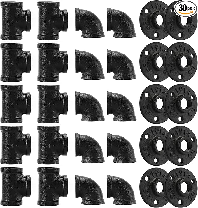 1/2" Black Pipe Fitting, 30 Pack Floor Flange/Elbow/Tee Combo for Industrial vintage style, Flanges/Elbow/Tee with Threaded Hole for DIY Project/Furniture/Shelving(30, Black 1/2")