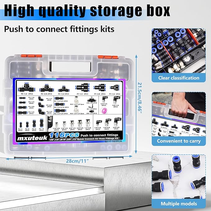 mxuteuk 116PCS Air Line Quick Connect Fittings,1/8",1/4",5/16",3/8",1/2",4/6/8/10mm OD Push to Connect Fittings,Quick Connect Air Hose Fitting,Quick Release Pneumatic Kit