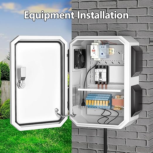 Outdoor Electrical Box with Thermostat and Fan, Cold-Rolled Steel Plate, Aluminum Alloy Back Beam, One-Piece Ventilation Design, IP65 Waterproof, Wall/Pole Mounted. (17.7" x 13.8" x 7.9")