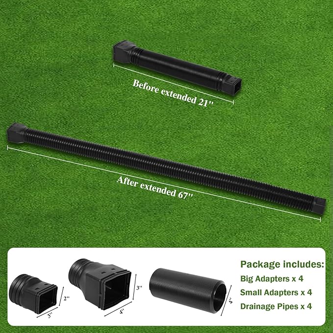 4 Pack Flexible Gutter Downspout Extensions Extendable from 21" to 67", Downspout Extender Comes with Adapters, Thickened Down spout Drain Extension for Rainwater Drainage(Black)