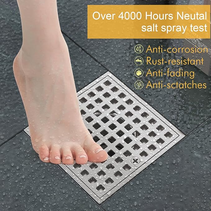 4 Inch Square Shower Drian with ABS Flange-SUS 304 Stainless Steel & CUPC Certified Shower Floor Drain-Removable Grid Cover-with Hair Strainer-Brushed Nickel