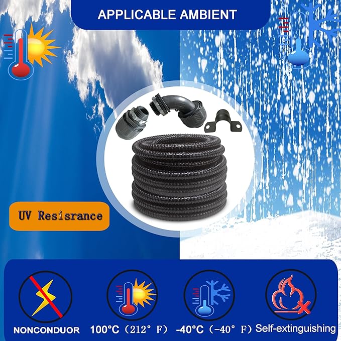 (1/2" Dia * 50 Feet) Yariwiz Black Special Extra Flexible Electrical Conduit Liquid Tight PVC Conduit Kit with 5 PCS Coupling, 3 PCS Elbow and 10 PCS Strap, Sealtight Seal Flex Liquidtight Wire