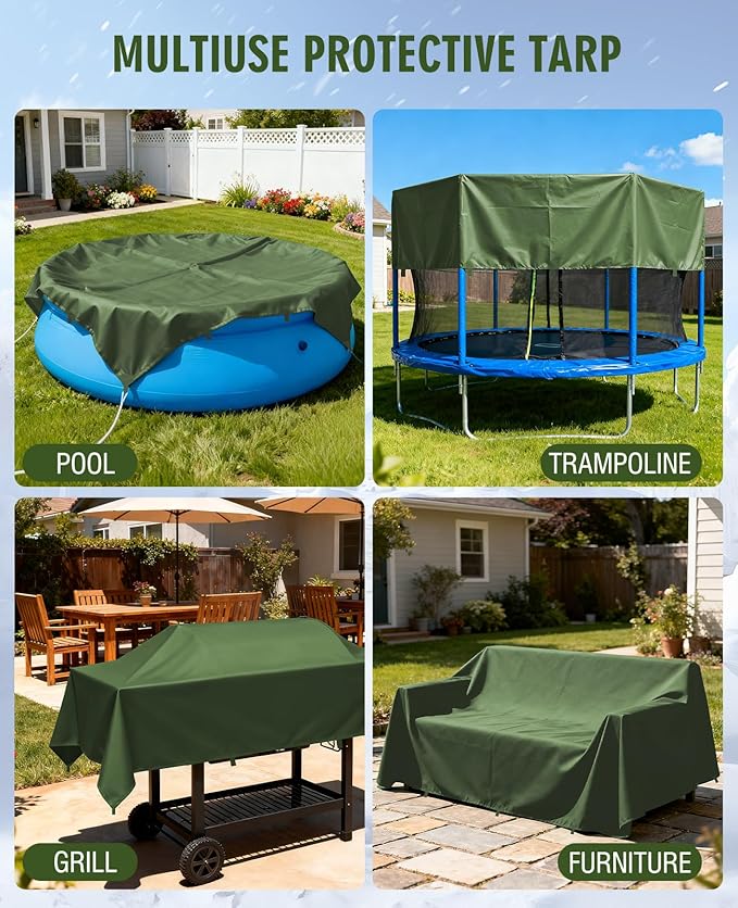 HIRALIY 20 Mil Heavy Duty Waterproof Tarp, 16x20ft Green Tarpaulin with Reinforced Webbing Loops, Multipurpose Oxford Fabric Tarp for Firewood, Roof, Camping, Pool