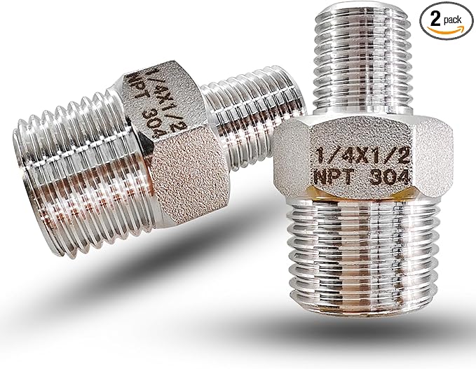 1/2" Male to 1/4" Male NPT Hex Reducing Nipple Fitting Adapter, 304 Stainless Steel 1/2 Inch to 1/4 Inch MNPT Threaded Pipe Adapter Fittings Reducing Nipples Connector for Plumbing Hydraulic Systems