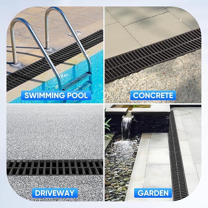 Trench Drain System, Channel Drain with Plastic Grate, 5.9x5.1-Inch HDPE Drainage Trench, Black Plastic Garage and GardenDrain, 6x39 Trench Drain Grate, with 6 End Caps,Convenient Assembly（6 Pack）