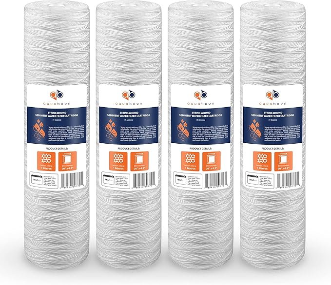Aquaboon 1 Micron Whole House 20" x 4.5" String Wound Water Filter Replacement Cartridge for Well Water Compatible with SWC-25-2005, P5-20, 4-Pack
