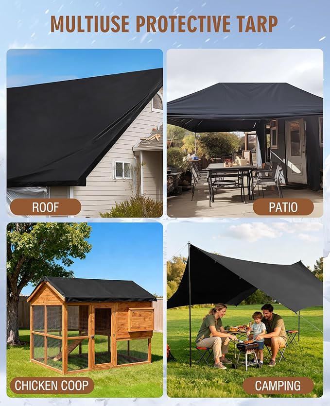 HIRALIY 20 Mil Heavy Duty Waterproof Tarp, 9.5x12ft Black Tarpaulin with Reinforced Webbing Loops, Multipurpose Oxford Fabric Tarp for Firewood, Roof, Camping, Pool
