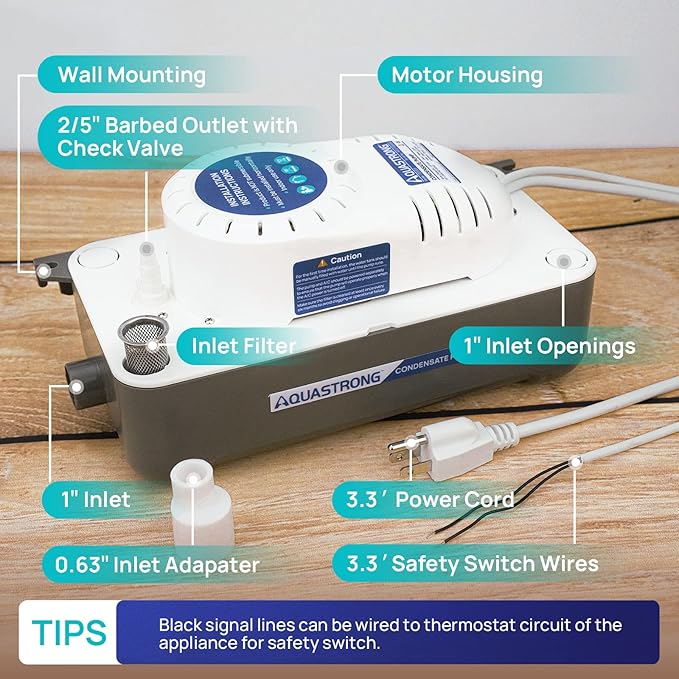 Aquastrong 1/30 HP 95 GPH HVAC Condensate Pump, 115V/230V, AC Condensation Remove Pump with Automatic Safety Switch & 19.7ft Tubing for Air Conditioner, Furnace, Dehumidifier,Ice Maker,Water Drain
