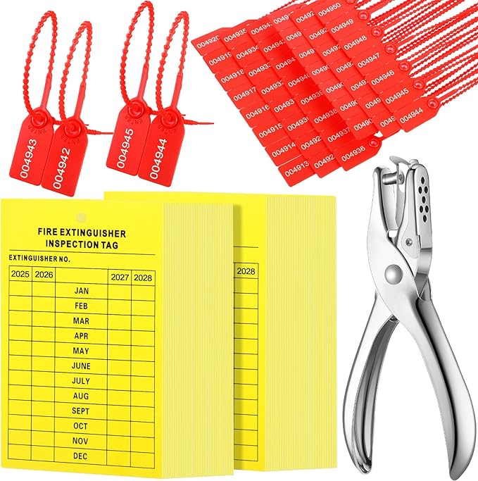 Chunful 101 Pieces Monthly Fire Extinguisher Inspection Tags 2025 to 2028 Maintenance Tags Plastic Tamper Seals Numbered Security with Handheld Hole Puncher(Yellow)