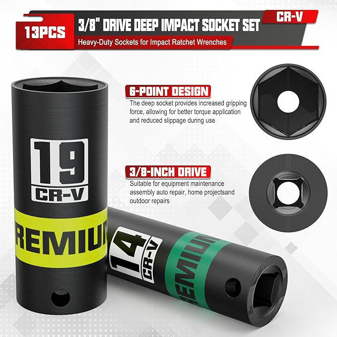13-Piece 3/8" Drive Deep Impact Socket Set, 7-19mm, CR-V, 6 Point, Heavy-Duty Sockets for Impact Wrenches, Automotive and Home