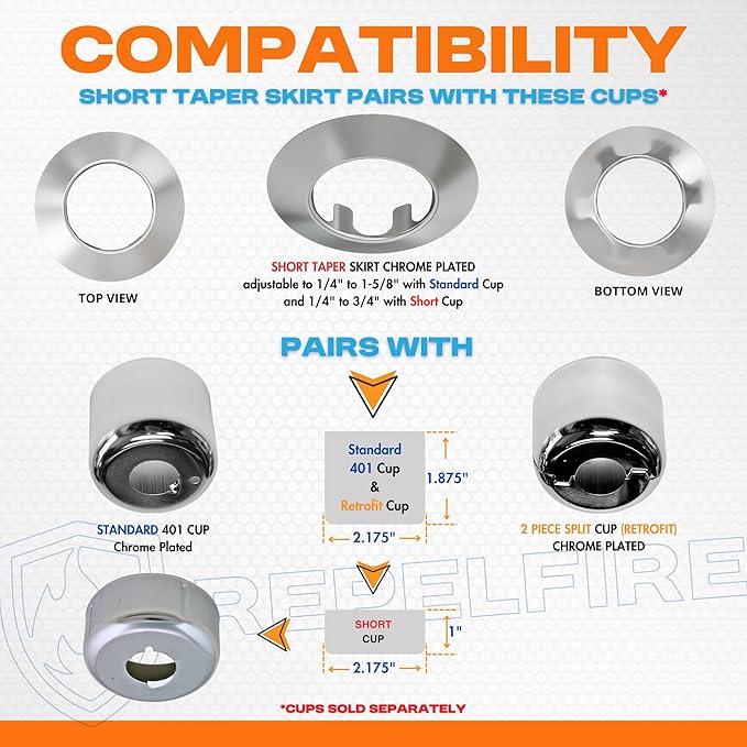 Fire Sprinkler Escutcheon Skirt, Short TAPER Escutcheon Pendant Skirt Chrome Plated, Works with Standard 401 Style Cup, Short Cup, and Retrofit 2 Piece Cup, Fire Sprinkler Skirt - 12 PK