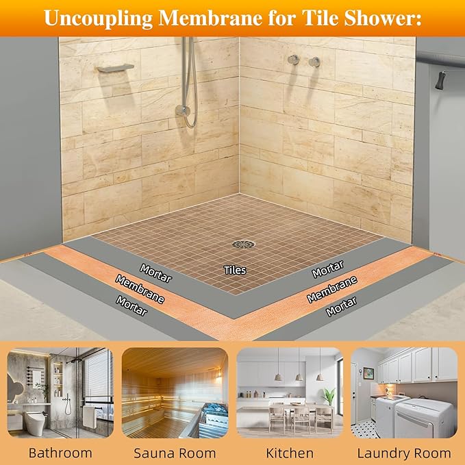 Waterproofing Membrane for Shower,3.8 ft x 87 ft Waterproof Shower Membrane for Sauna Bathroom Steam Room Wall Tile Underlayment,Tile Underlayment Seam Tape Uncoupling Band,23.6 Mils Thick,330 Sq Ft