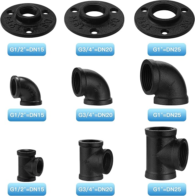 1/2" Black Floor Flange/Elbow/Tee Combo, 60 Pack Pipe Fitting for Industrial vintage style, DIY Project/Furniture/Shelving Decoration (60, 1/2 Inch)