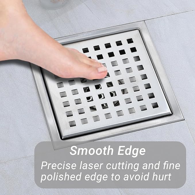 6 Inch Square Shower Floor Drain, Stainless Steel Black Shower Drain Kit with Flange, Floor Drain with Removable Grid Cover,Brushed Nickel