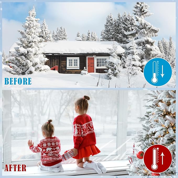 Window Insulation Kit, 63 × 394" and 87 × 110"Plastic Window Coverings for Winter, Thicken Window Shrink Film Insulator Kit Windows Waterproof Winterizing with Double-Sided Tape