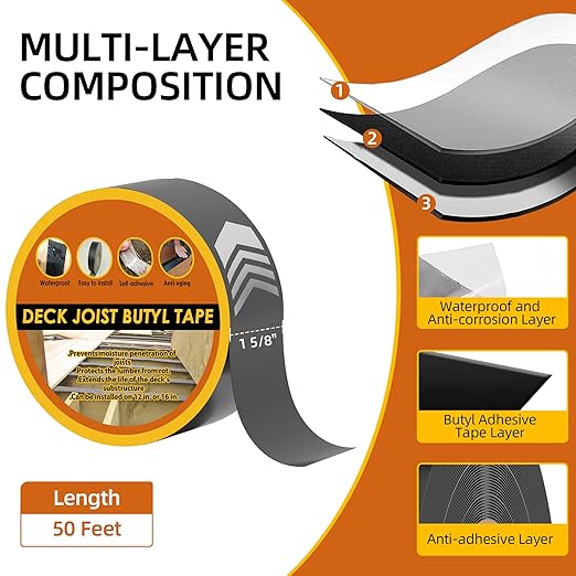 24 Pack Joist Tape for Decking 1-5/8" x 50', Weather-Resistant,Waterproof Seal Antiseptic Butyl Tape,Self-Adhesive Flashing Joist Tape for Wood Decks Beams Roof