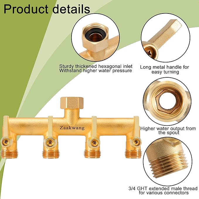 Heavy Duty 4 - Way Garden Hose Splitter, 3/4” Hose Manifold, Outdoor Hose Adapter Connector with 4 Metal Extra Long Handle Metal Faucet Adaptor