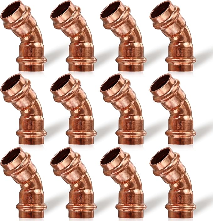 12PK Copper Press Fittings 3/4 inch 45-Degree Elbow Copper Coupling Zero Lead PxP 3/4”x3/4”,45 Degree Elbow Fittings for Copper Tube Connection&Plumbing,OD 7/8",Use with Hydraulic Press Fitting Tool