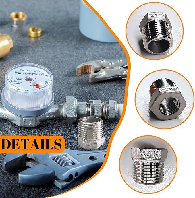 2 Pcs Stainless Steel Bushing 1/2" Male to 1/4" Female, 1/2" to 1/4" NPT Adapter Hex Stainless Steel Reducing Pipe Adapter Fitting Pipe Hose Tube Adapter Convert