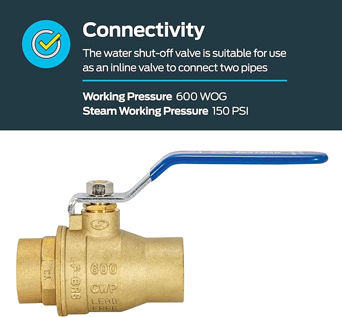 Eastman Heavy Duty Full Port Brass Ball Valve, 1 in Sweat x 1 in Sweat Connection, 20065LF