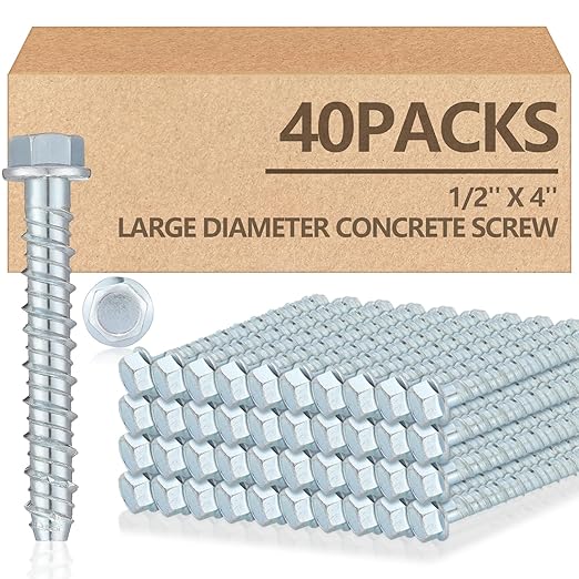 Tandefio 40 Pack 1/2 x 4 Concrete Screw Anchors Galvanized Large Diameter Heavy Duty Plated Concrete Anchors for Masonry Brick Anchoring Block Decking Framing Hex Drive