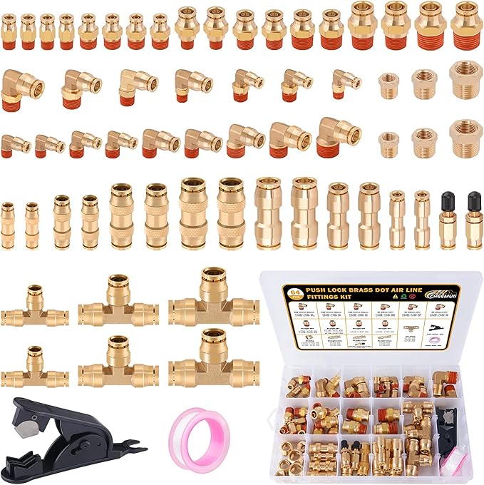 CheeMuii 64 Pcs Brass DOT Air Line Fittings Kit Push Lock & Quick Connect Fittings NPT Thread for Air Line Air Hose Pneumatic Tubing
