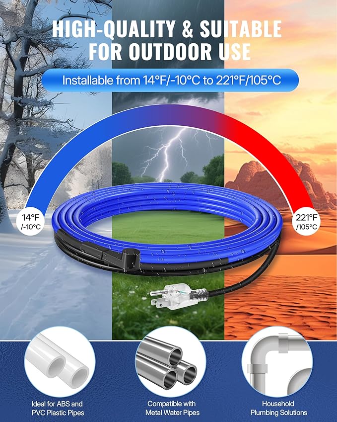 6Ft Water Pipe Heating Cable, 5W Constant Power Self-Regulating Heating Cable, 5W/FT, IPX7 Waterproof, Auto-On/Off, for Metal and Plastic Water Pipes, Freeze Protection, 120V U06HC06