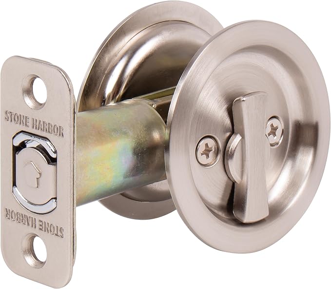Round Pocket Door Lock, Privacy (Bed/Bath) Latch, 2-3/8" Backset, RCL, Satin Nickel by Stone Harbor Hardware