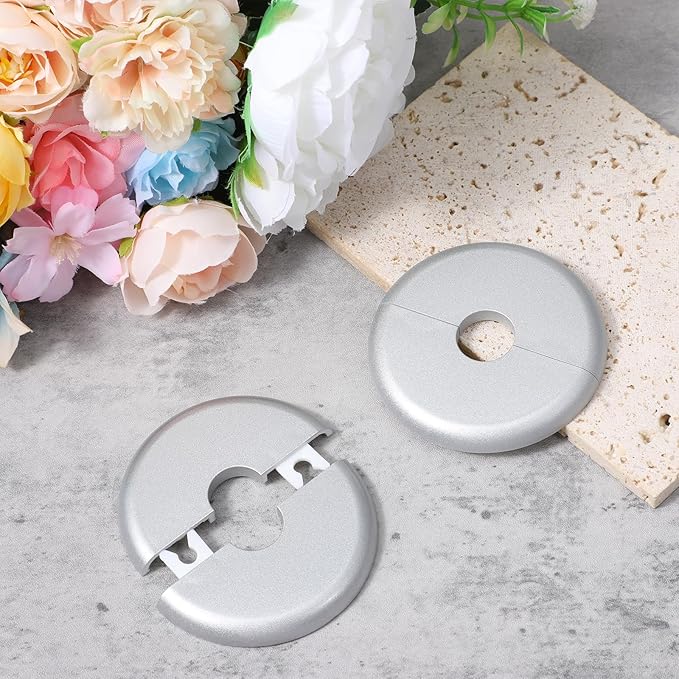 4 Pcs Escutcheon Plate, Self-Adhesive Plumbing Cover Plates, Round Escutcheon Plate for 0.7In Diameter Water Pipes, Wall Split Flange for Kitchen Toilet Faucet Decoration (Silver)