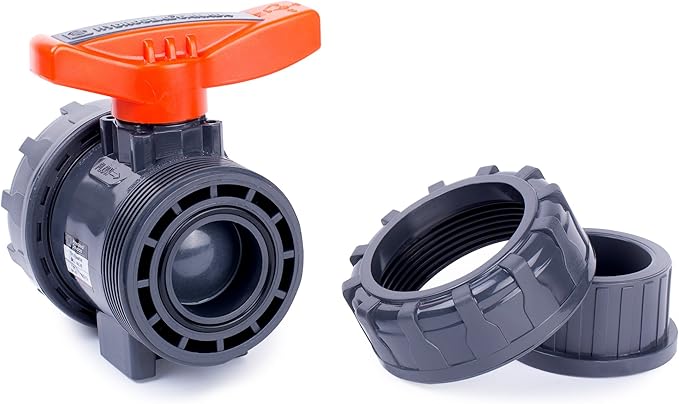HYDROSEAL Kaplan PVC 1 1/2" True Union Ball Valve with Full Port, ASTM F1970, EPDM O-Rings and Reversible PTFE Seats, Rated at 200 PSI @73F, Gray, 1 1/2 inch Socket (1 1/2")