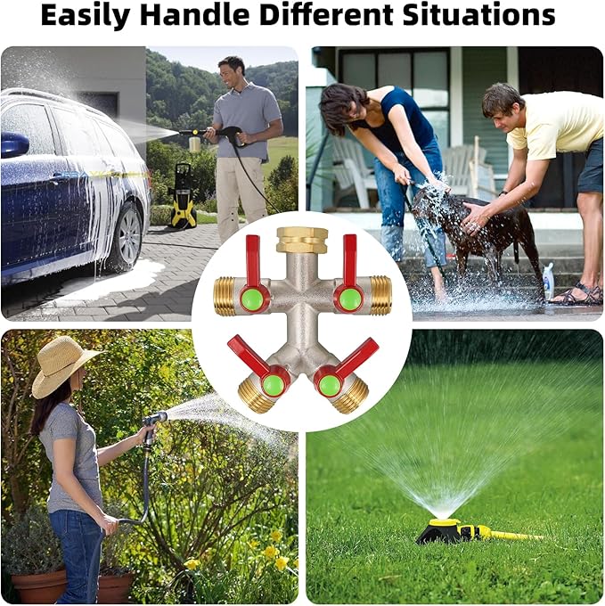 Hose Splitter 4 Way, High Flow Garden Hose Splitter, 3/4” Ght Inlet Brass Heavy Duty Hose Converter, Full Flow water 4 Way Faucet hose splitter, Long Handle Hose Valve Large Outlet.