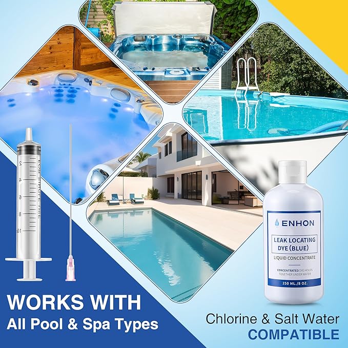 Enhon Pool Leak Detection Dye Kit, 8 oz Blue Dye with Precision Applicators, Easily Locates Leaks in All Pools, Spas, Hot Tubs, Long Lasting Formula, 40+ Refills