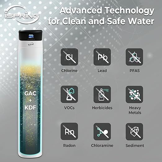 iSpring Elite Series Whole House Central Water Filtration System with Automatic Control Head, Reduces Chlorine, Chloramine, PFAS, Lead