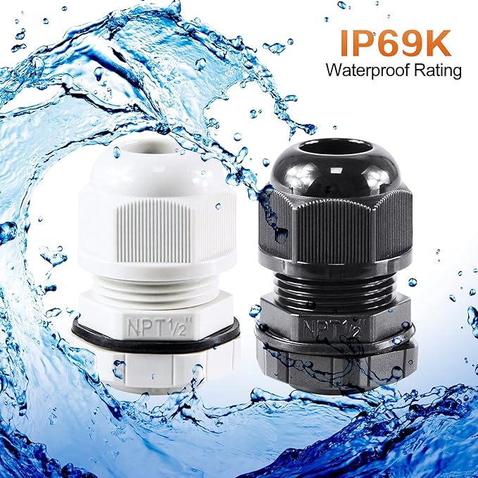 XHF 50 Pcs 1/2" IP68 Strain Relief Nylon Cord Grip Waterproof NPT Cable Glands Adjustable UL Listed and RoHS Compliant (Grey)