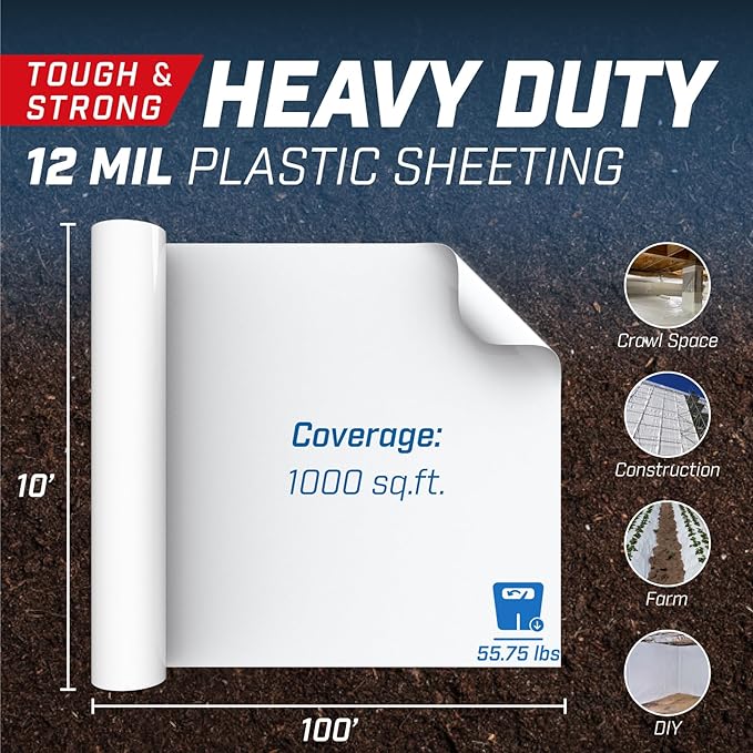 Crawl Space Vapor Barrier, 12 Mil 10' x 100', White Vapor Barrier, Thick Plastic Sheeting, Heavy Duty Polyethylene Film, Drop Cloth Covering for Crawlspace, Basement