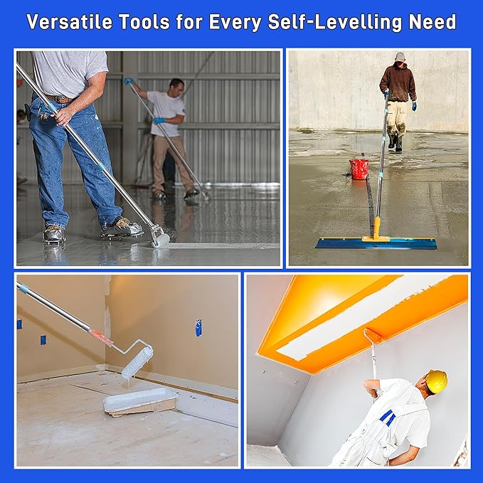 Self Leveling Cement Tool Kit- Epoxy Floor Tool Kit Includes Self-Leveling Rake, 2 Spiked Roller, 2 Flooring Construction Painter Roller, 16“-63” Telescopic Poles, Epoxy Spike Shoes and Gloves