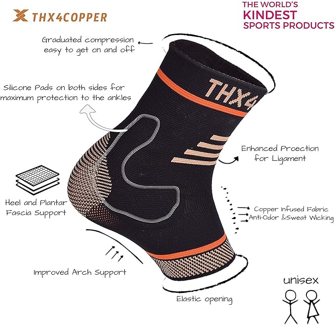 THX4COPPER Infused Compression Ankle Brace, Silicone Ankle Sleeve Support, Pain Relief from Plantar Fasciitis, Achilles Tendonitis- Reduce Foot Swelling & Prevent Ankle, Single