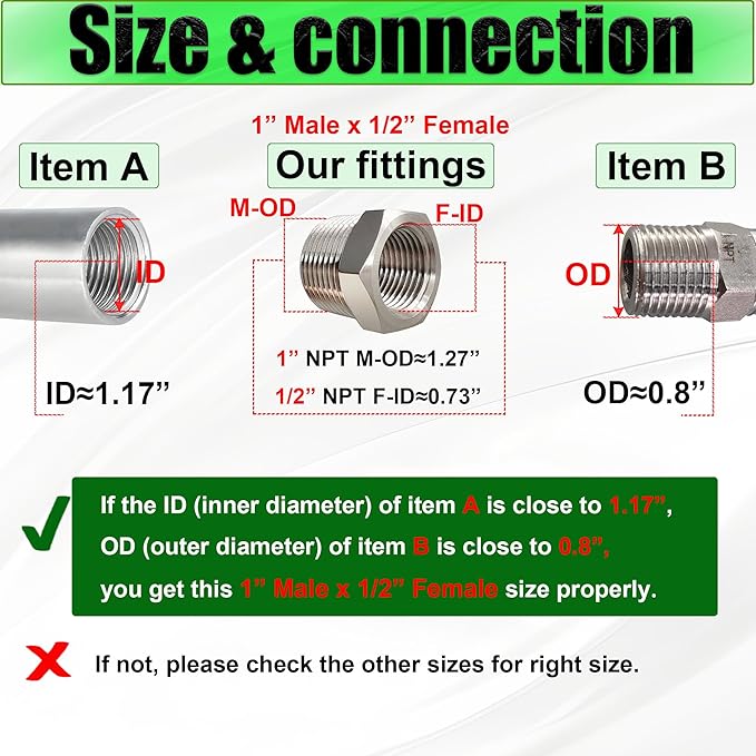 2 Pcs 304 Stainless Steel 1" Male to 1/2" Female Reducer Bushing, 1 Inch MNPT to 1/2 Inch FNPT Pipe Fitting Reducing Adapter Tube Connector Convert (1" Male x 1/2" Female)