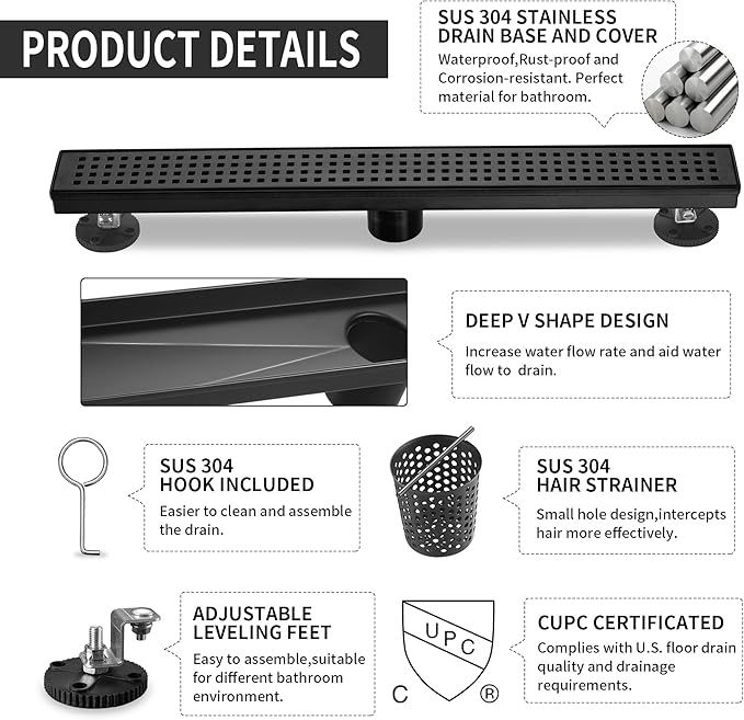 Linear Shower Drain 28 Inch Rectangular, SUS-304 Stainless Steel Black Shower Drain, 51L/Min Fast Drainage Floor Linear Drain, US Standard CUPC Certified, Matte Black, SD-112-28B