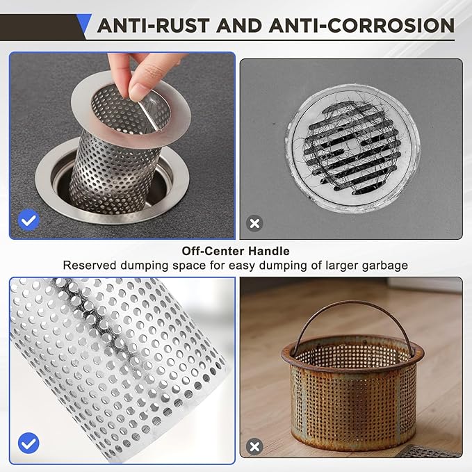 3" Diameter Commercial Floor Drain Strainer 4" Tall Perforated Cylindrical Mesh 316 Stainless Steel Drain Basket with Carry Handle –Heavy-Duty, for Restaurants, Kitchens, Factories