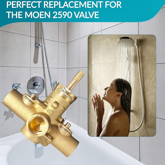 2590 Shower Valve, Shower Valve Replacement for Moen Valve-1/2 Inch IPS Connections, Pressure Balancing Cycling 4 Port Tub and Brass Shower Valves with Stops. Includes 1222 Cartridge