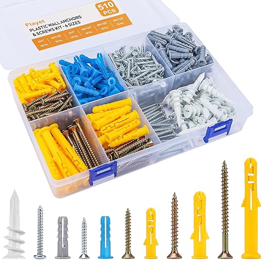 Drywall Anchors and Screws Assortment Kit，510Pcs Wall Hanging Kit with Anchors and Screws, Wall Anchors for Drywall,Anchors Wall Hanging Kit 6 Sizes Picture Hangers,Picture Hanging Kit for Decor Art