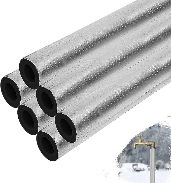 6 Pack Pipe Insulation Foam Tube, 3/4'' Self-Adhesive Pre Slit Foam Pipe Covers Polyethylene with Aluminum Foil for Spigot, Winter Outside Pipes, Water Heater Pipes Freeze Protection