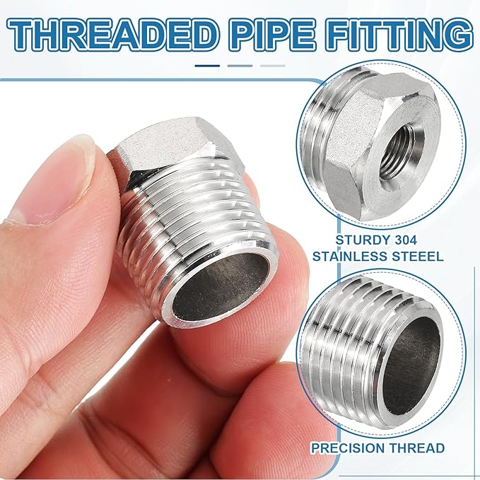 PATIKIL 304 Stainless Steel Reducer Hex Bushing 2 Pcs, 1/2" BSPT Male to 1/8" BSPT Female Pipe Reducing Adapter Fitting Connector for Water Gas Hydraulic Pipes Shower Hose, Silver