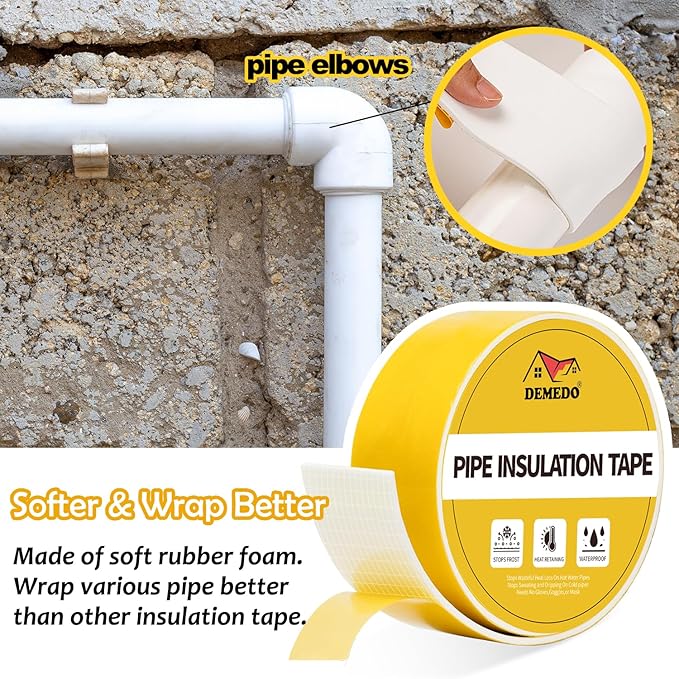 DEMEDO Pipe Insulation Tape, Pipe Wrap Insulation Foam Tape Self Adhesive, Outdoor Water Pipe Insulation Roll for HVAC, AC Line Insulation, 2 inch x 16.5 FT Heat Tape for Water Pipe, White