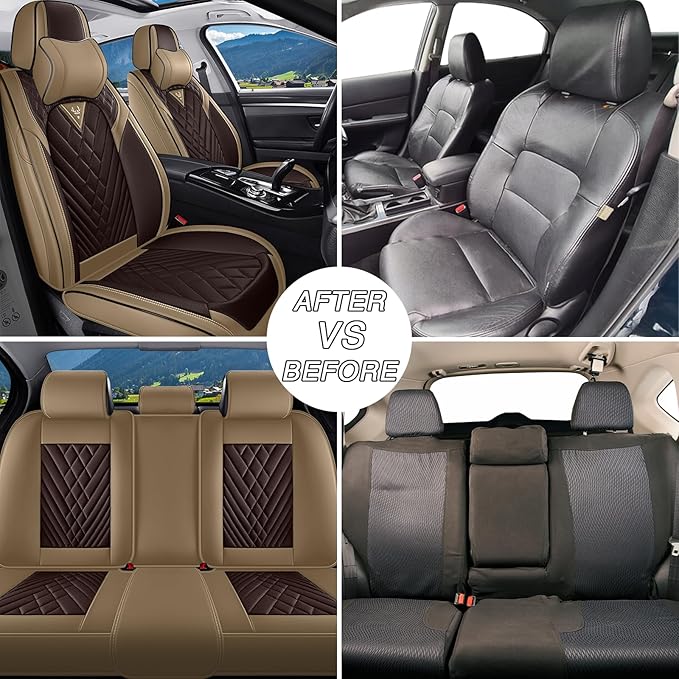 Car Seat Covers for Jaguar E-PACE 2018-2024,Breathable Nappa Leather Car Seat Protector,Front Seat Cover with Pillow Automotive Seat Cushion with Airbag Compatible(Front Seats,Beige-Brown)
