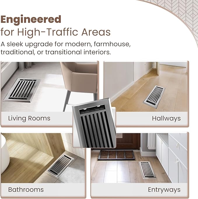 Floor Register 4x10 Vent Cover – Heavy-Duty Steel, Rustproof & Walkable Grates, Easy Drop-in Install, Adjustable Air Supply Switch - Decorative Straight Line Design, Brushed Nickel
