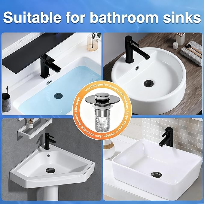 Sink Stopper Hair Catcher, Pop-up Sink Drain Strainer with Removable Stainless Steel Strainer Basket Hair Catcher, Bathroom Sink Strainer for Bathroom Sink Stopper Replacement(Matte Black-1PCS)